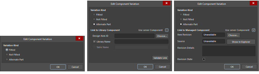 The Edit Component Variation dialog with Fitted selected, Alternate Part selected with Use server Component unchecked, and Alternate Part selected with Use server Component checked.