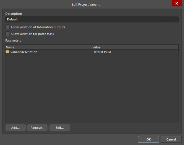 The Edit Project Variant dialog
