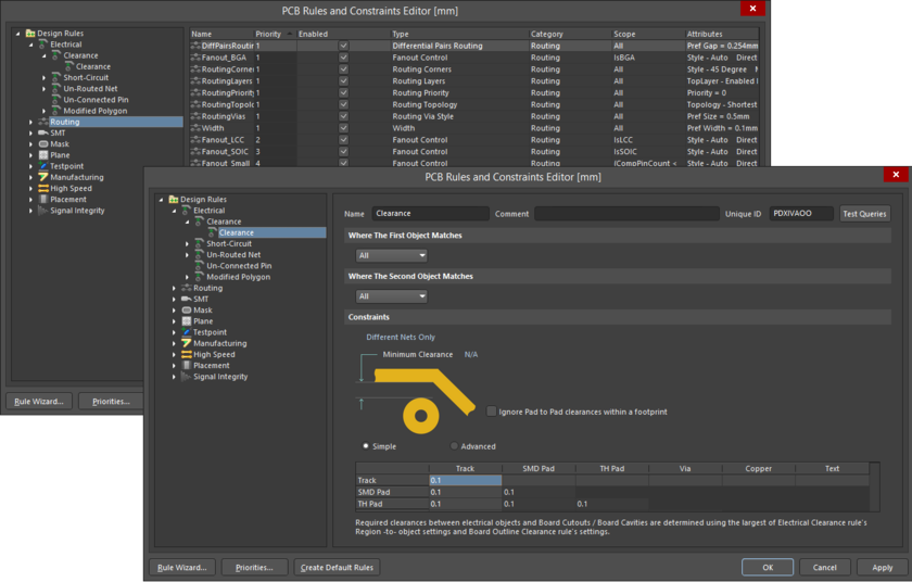 PCB Rules and Constraints Editor dialog