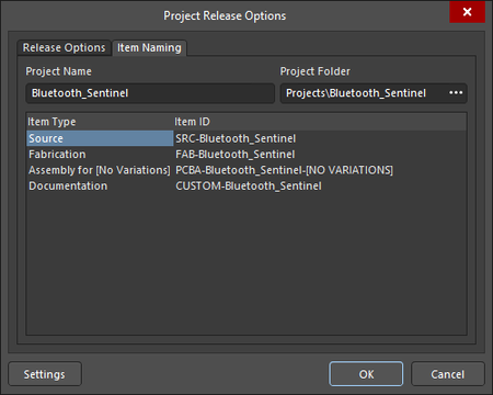 The Release Options tab and Item Naming tab of the Project Release Options dialog