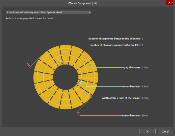 QTouch Component dialog - A medium-sized, resistively interpolated QMatrix wheel sensor type