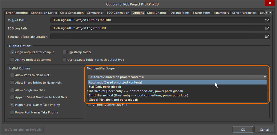 Options for Project dialog, showing where the Net Identifier Scope is configured