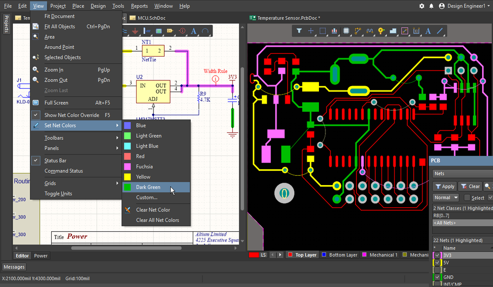 Apply color to the nets in the schematic and PCB editors, to make it easier to examine the connectivity in each editor