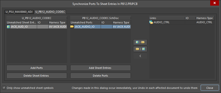 The Synchronize Ports to Sheet Entries dialog is used to check and correct any mismatches between Ports and Sheet Entries