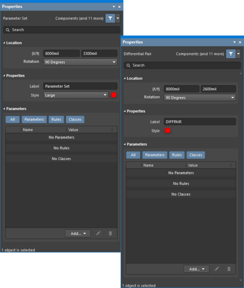 The Parameter Set dialog on the first image, and the Parameter Set mode of the Properties panel on the second image