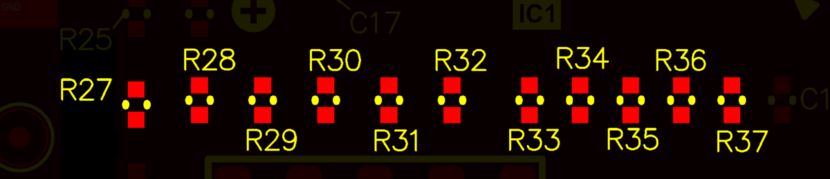 A series of resistors that have been positionally re-annotated. Note that R27 has remained in the annotation sequence even though it is lower than the other resistors.
