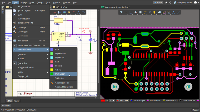 Image showing a schematic and PCB side by side, showing how color can be applied to nets in both editors