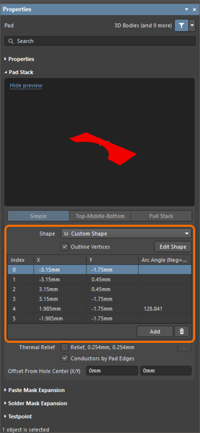 Set the pad shape as custom and make the required changes through the Pad mode of the Properties panel.
