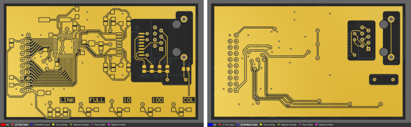 The Top Layer (left) and Bottom Layer (right) of the PCB shown in Single Layer 3D mode.