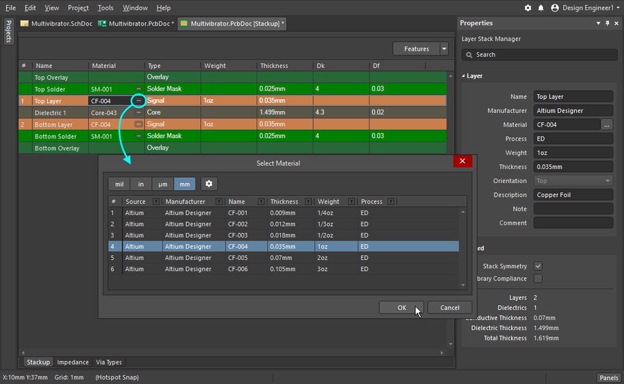 Electrical layers are added in the Layer Stack Manager dialog.