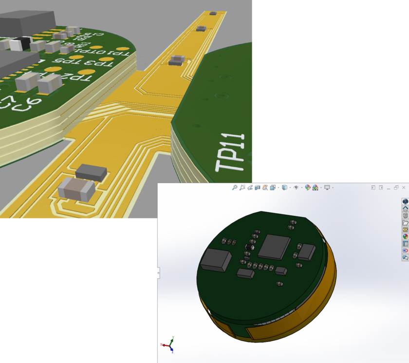 A board with two rigid regions connected by a flexible region in the ECAD PCB editor and in MCAD.