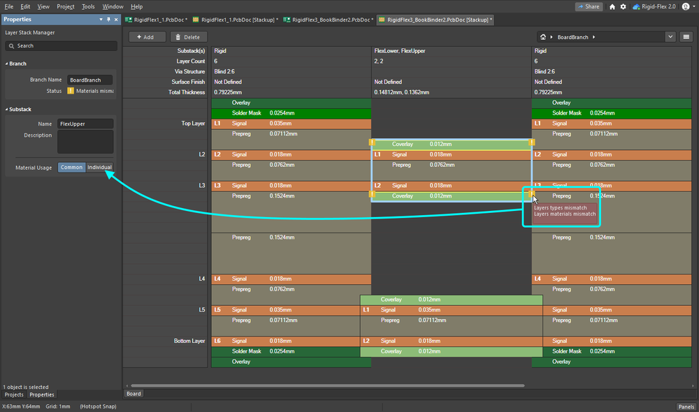 Enable the Individual Material Usage option to allow different adjacent layers.