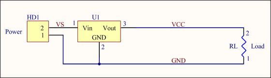 A base circuit example of a power source and load.