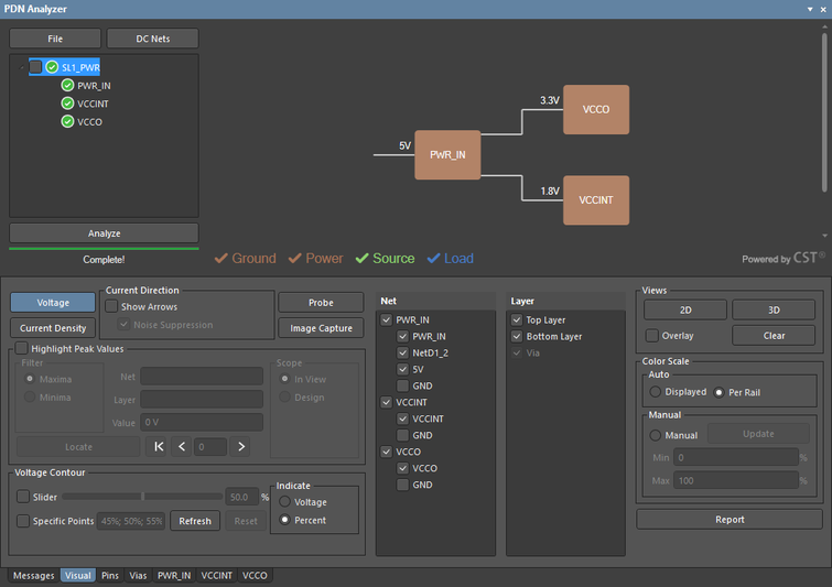 The PDN Analyzer GUI with the complete power net hierarchy selected. The display of the included networks and layers is controlled in the lower panel section.