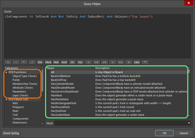 PCB query functions shown in the Query Helper dialog
