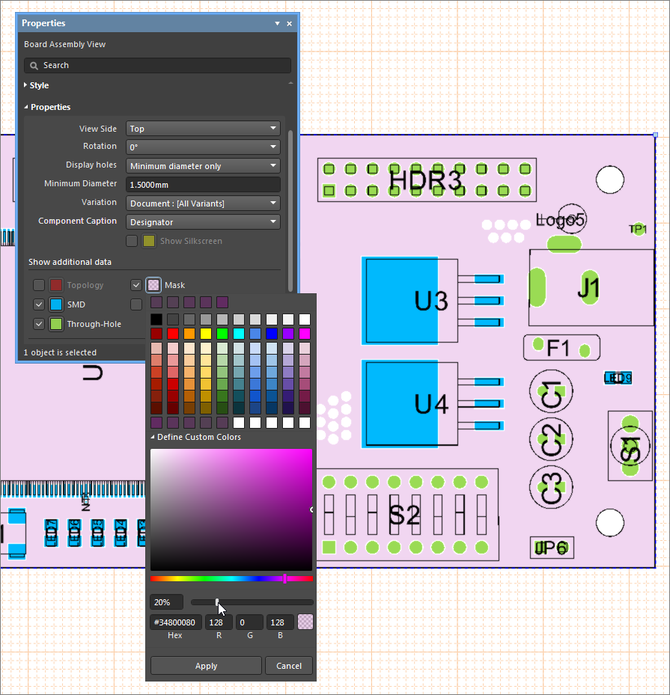 Example Board Assembly View, showing how layer color can be changed
