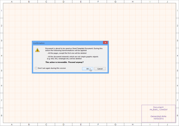 Saving a Draftsman document as a template, warning dialog explains what is about to happen