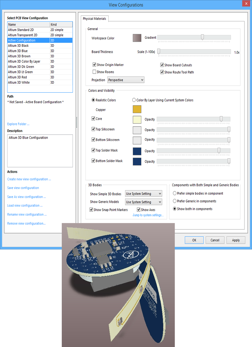 Use the View Configurations dialog to adjust the appearance of the board as required - hover over the image to see an example change to the Top Solder Mask.