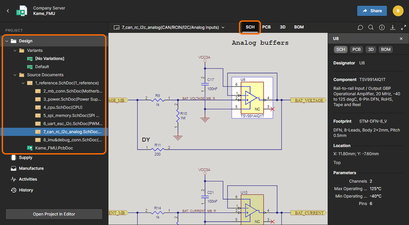 Workspace's Web Viewer interface provides an immersive and interactive experience for reviewing, for example, the source schematic and PCB documents in your design project. Shown here is a schematic – hover over the image to see the PCB (in 3D).