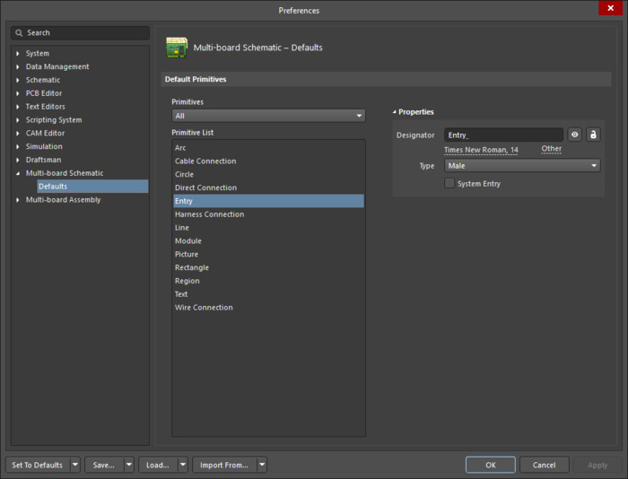 The Entry object default settings in the Preferences dialog, and the Entry mode of the Properties panel.