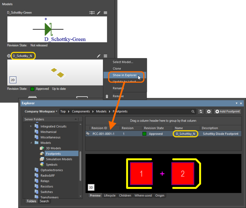 Example browsing to the revision of the model in the Explorer panel.