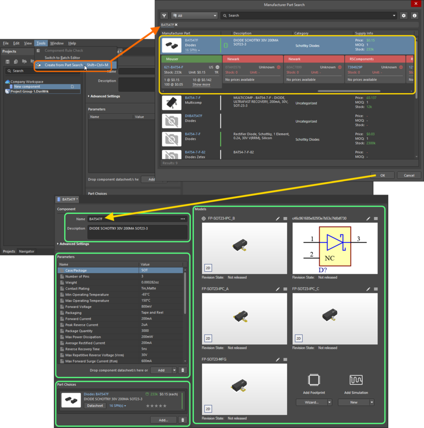 Use the Manufacturer Part Search dialog to find the required manufacturer part, select it, then click OK. The image shows all data for that part being brought into the Component Editor.