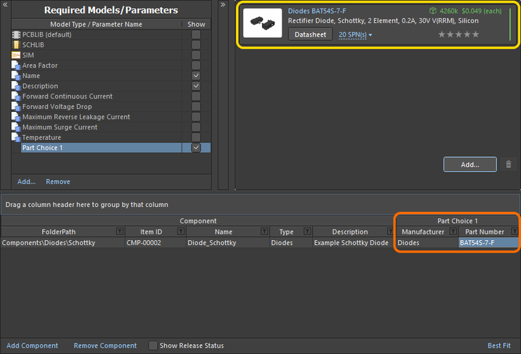 Example part choice – added through use of the Add Part Choices dialog – presented back in the Component Editor.