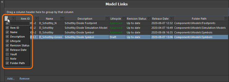 Hide or show model link data columns as required.