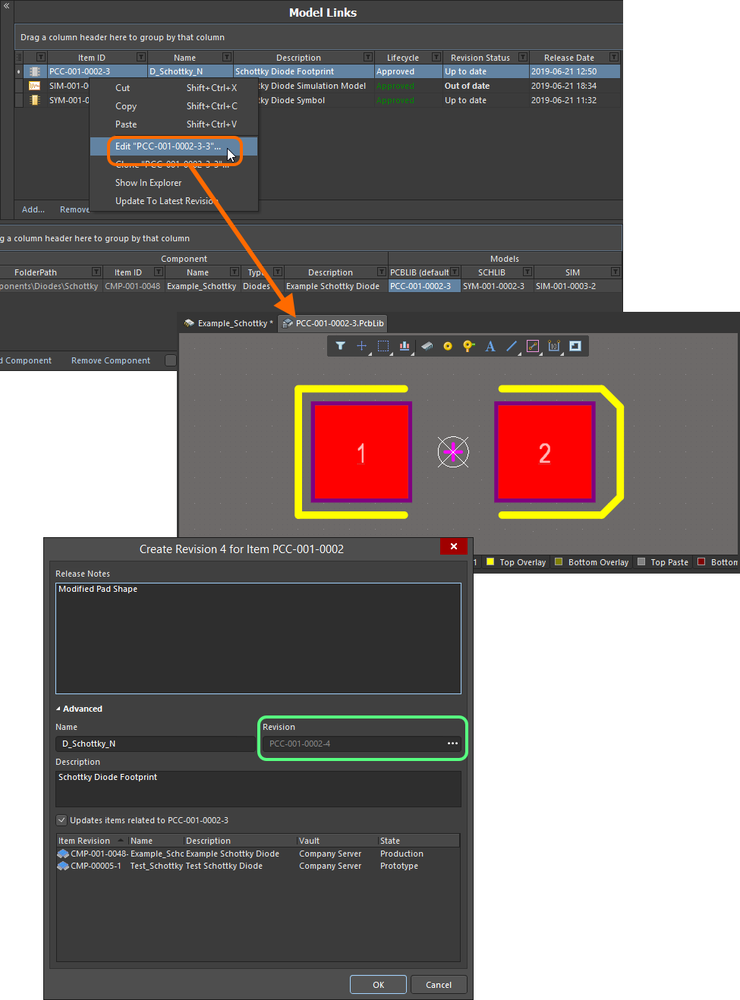 Edit and release a model directly from the Model Links region of the Component Editor.