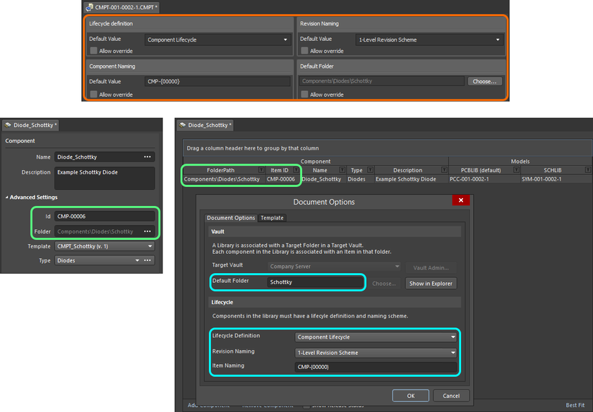 When the template is referenced, the entries are used to pre-fill the applicable fields when editing a component in the Component Editor in Single Component Editing mode (left) and Batch Component Editing mode (right).