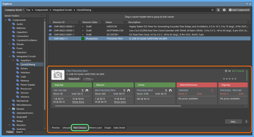 From the Explorer panel, the part choices list for a managed component can be seen on its Part Choices aspect view tab.