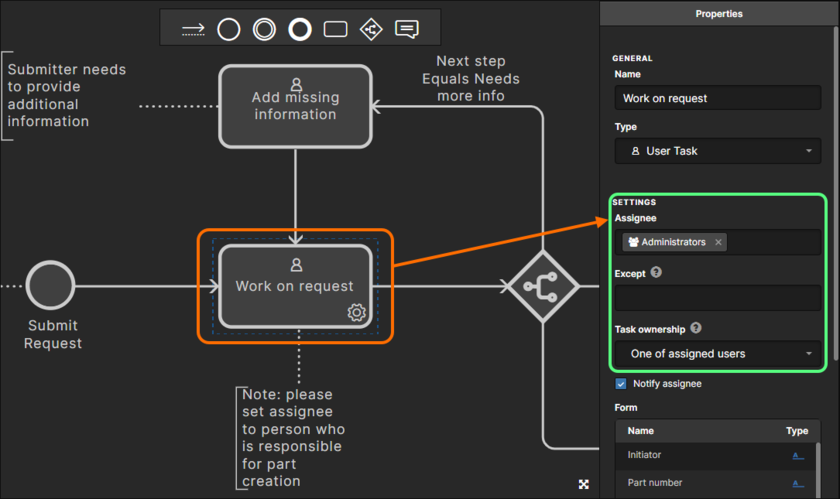 Which user initially receives the task of working on a new part request depends on how the settings for Assignee, Except, and Task ownership have been defined, for the initial user task – in the underlying workflow for the applicable process definition. The image above shows the settings for the default New Part Request process definition.