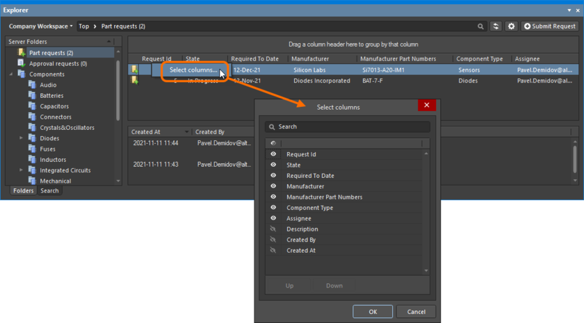 The Select Columns dialog is control central for defining which data is presented in the Part requests folder.