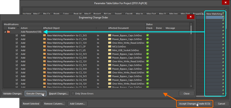 Accept the changes in the Parameter Table Editor dialog to create ECOs that add a new parameter to each part