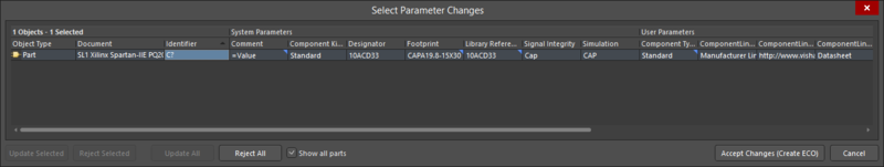 The Select Parameter Changes dialog