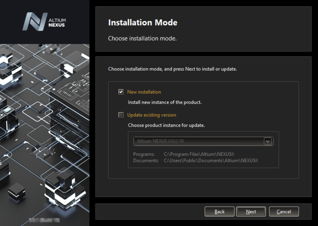 If you already have a previous installation of Altium NEXUS within the same version stream, you can choose to update that version.

Or install as a separate unique instance.
