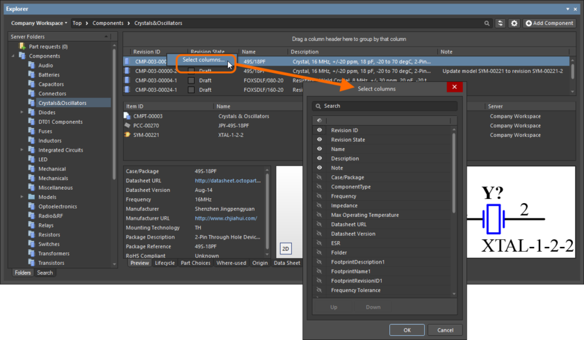The Select Columns dialog is control central for defining which parametric data is presented in the Components View.