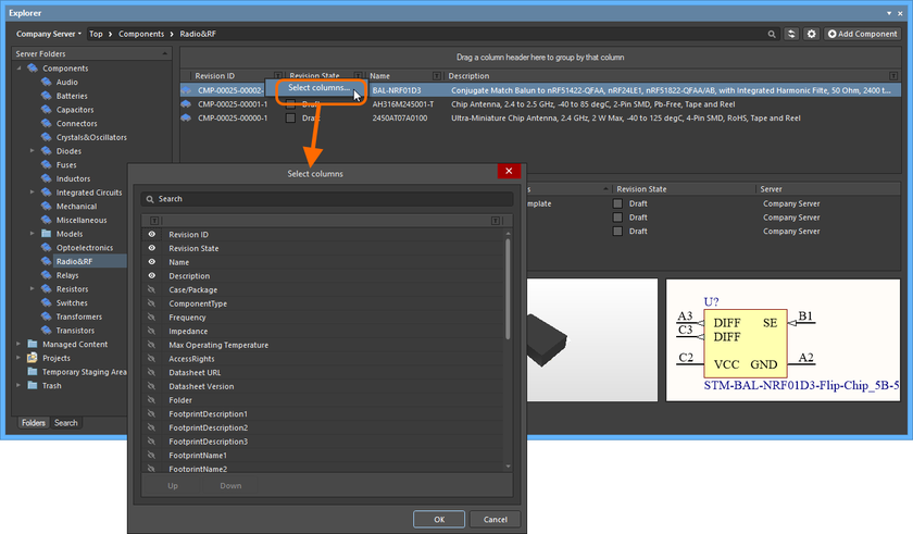 The Select Columns dialog is control central for defining which parametric data is presented in the Components View. Hover over the image to see an example of additional parameters selected, presenting as additional columns in the view.