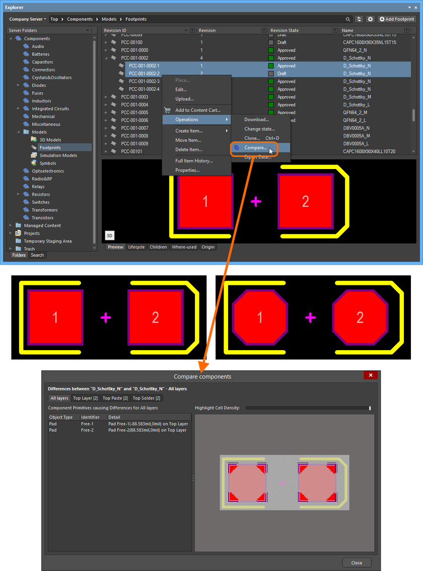 Example comparison of two revisions of a Footprint Item. The source libraries are not opened in the workspace - previews of the footprints are included here (taken from the Explorer panel) to show the differences that actually exist.