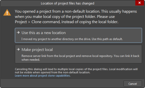 Options to get you back into sync if you have manually changed the location of your local working copy of a project.