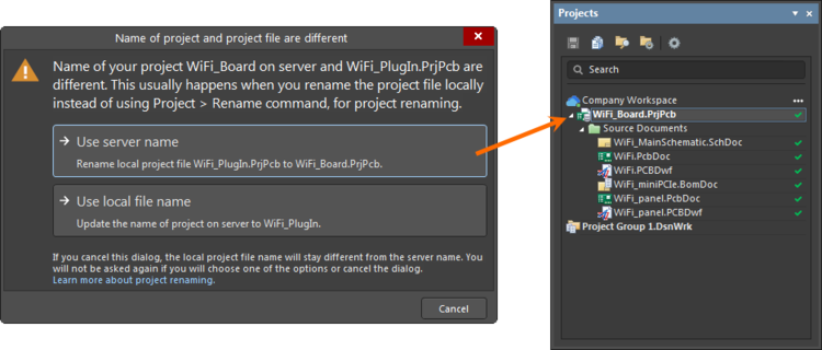 Options available if you have renamed the project on the Workspace side.
