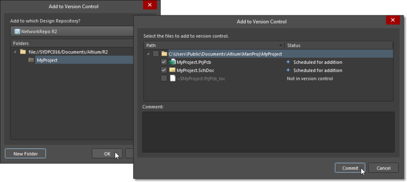 Add to Version Control dialog, used to add documents to the VCS repository