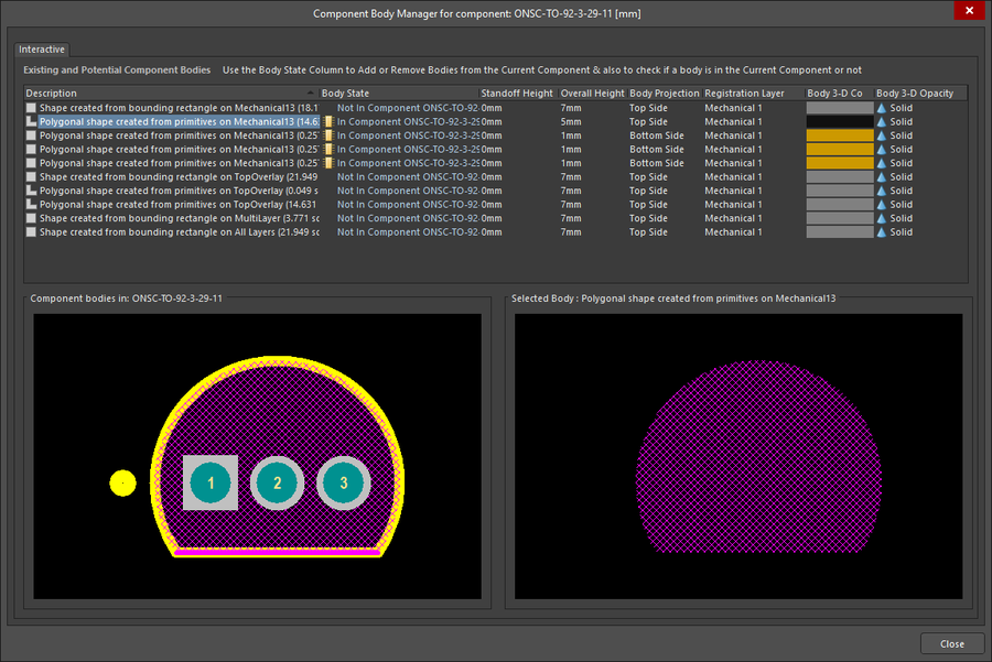 Component Body Manager dialog being used to create 3D Body objects for a TO-92 transistor, based on the footprint