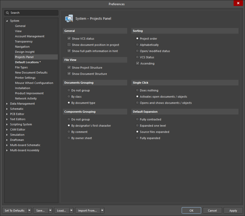 The System – Projects Panel page of the Preferences dialog 