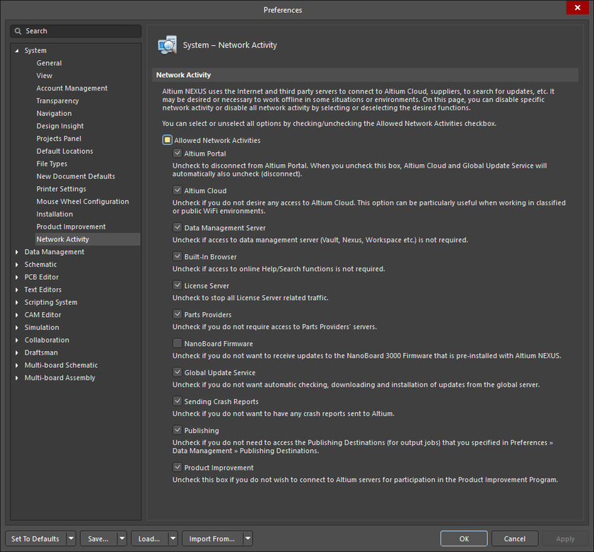 The System - Network Activity page of the Preferences dialog