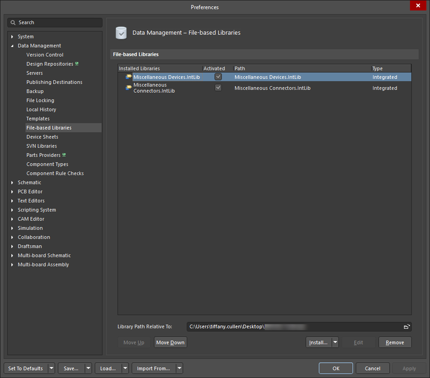 The Data Management - File-based Libraries page of the Preferences dialog