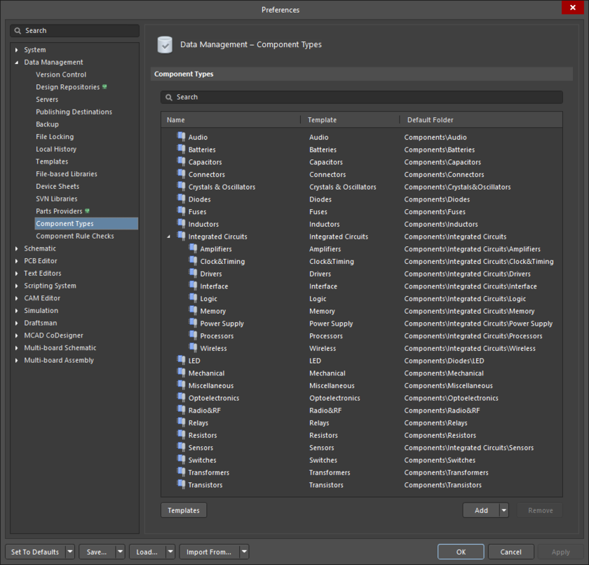 The Data Management – Component Types page of the Preferences dialog.