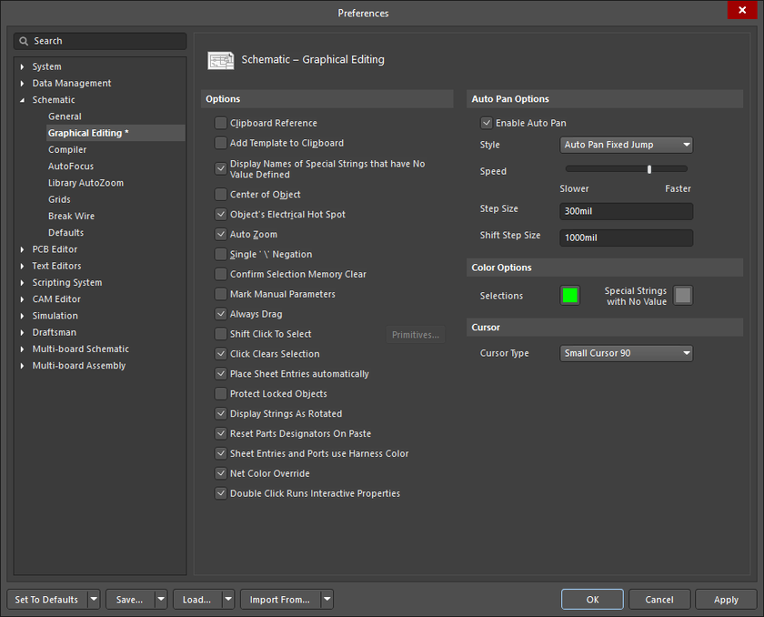 The Schematic - Graphical Editing page of the Preferences dialog.