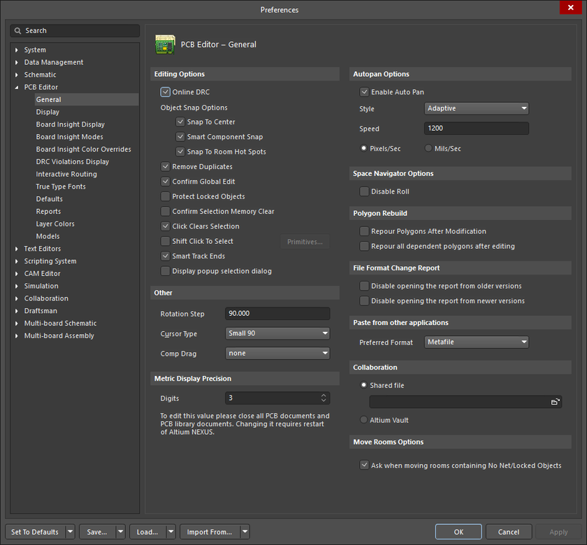 The PCB Editor - General page of the Preferences dialog