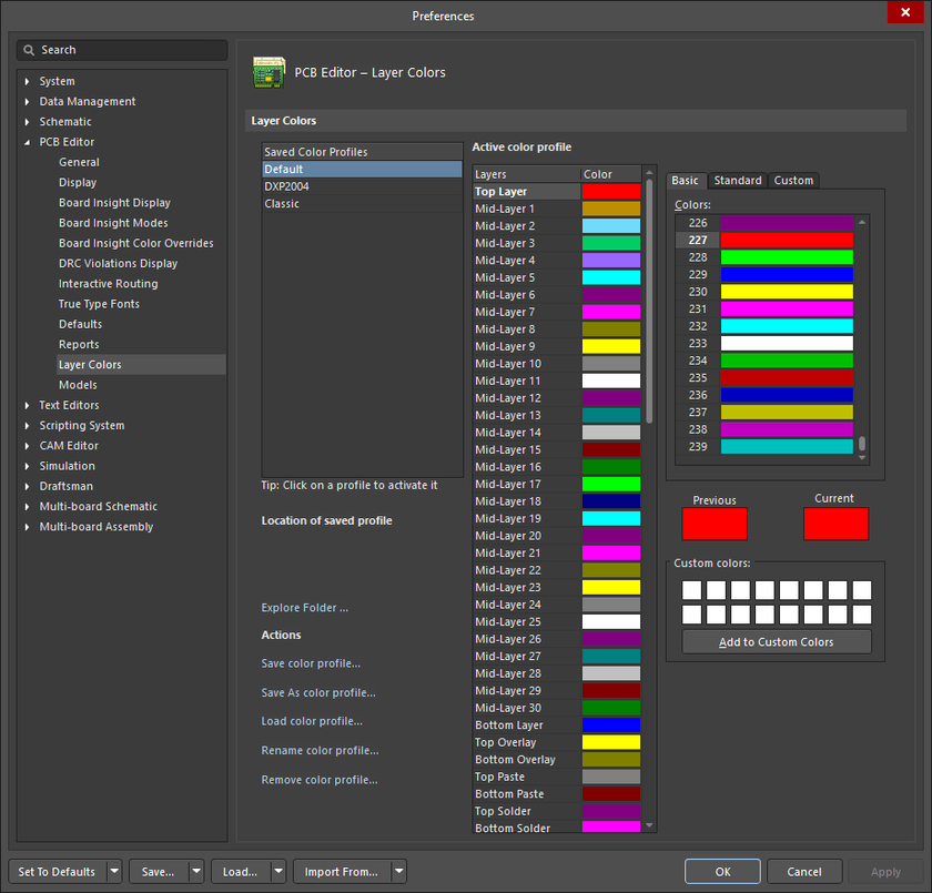 The PCB Editor - Layer Colors page of the Preferences dialog